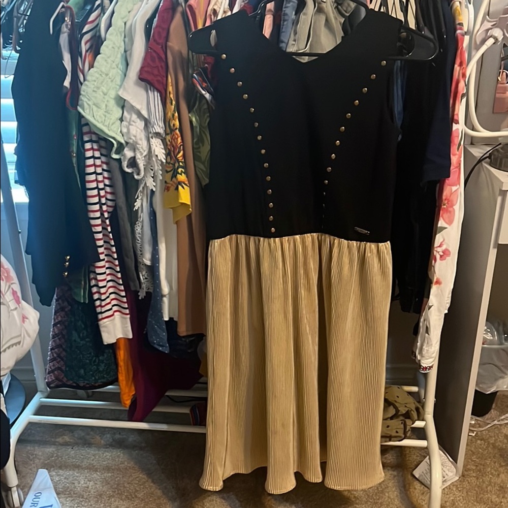 Marciano Black and Tan Embellished Fit and Flare Midi Dress